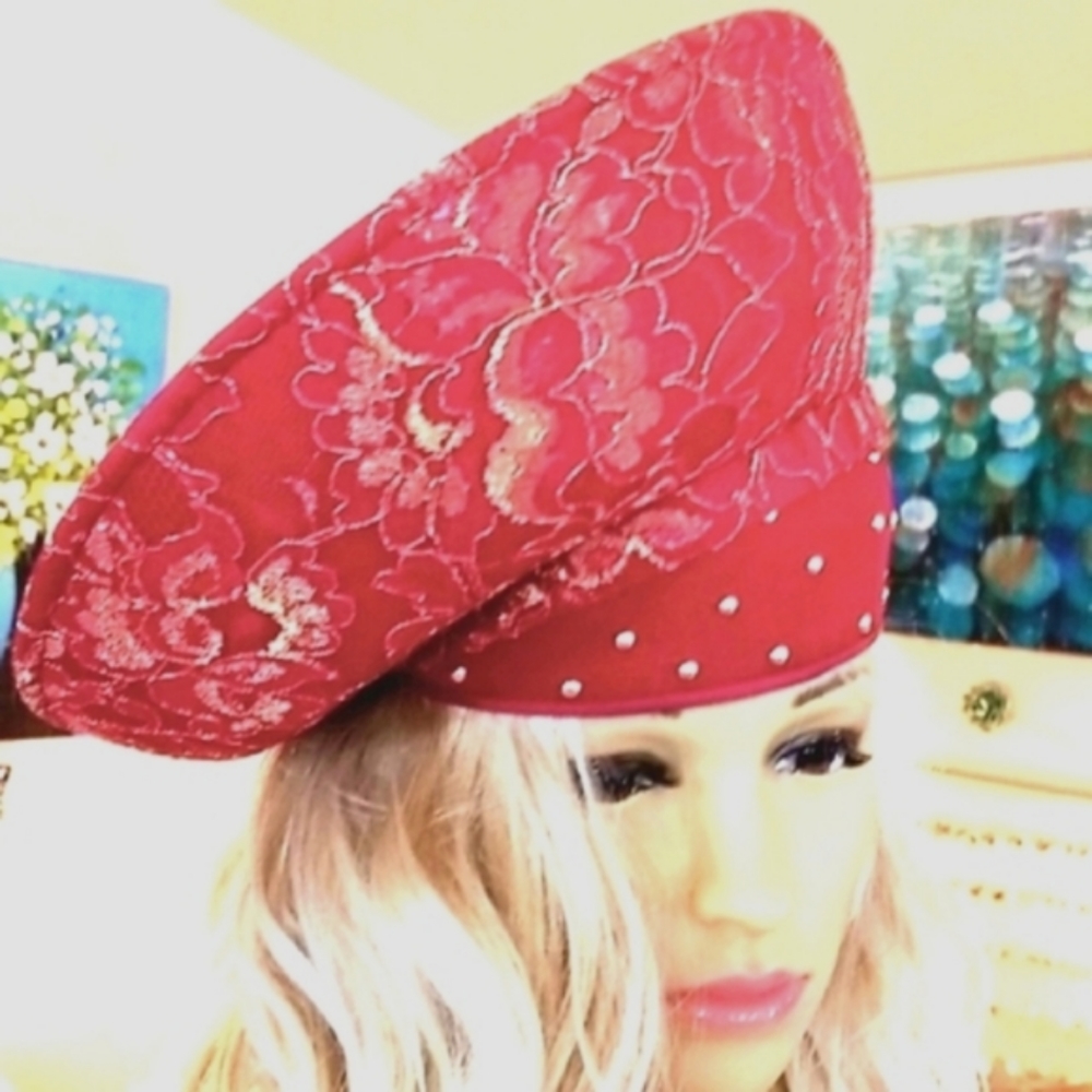 Vtg 60's MR JOHN Red Gorg Quirky Gold Lace Studs Eclectic Movie Star Unique Hat
